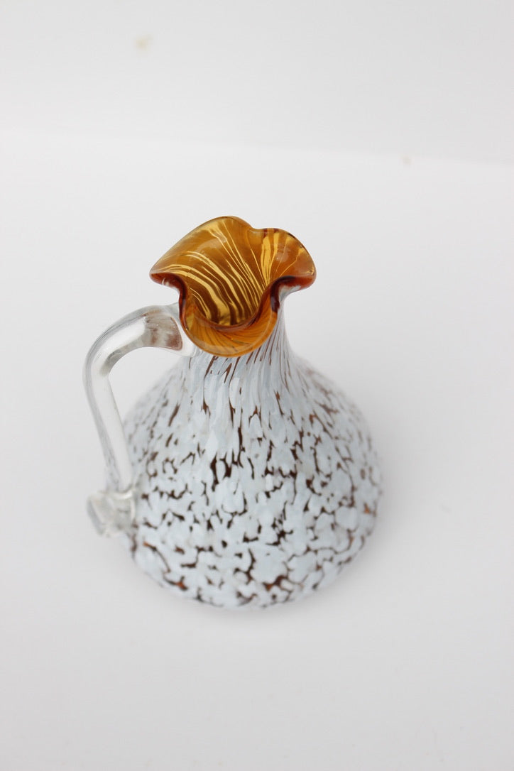 Hand Blown glass orange and white vase with handle