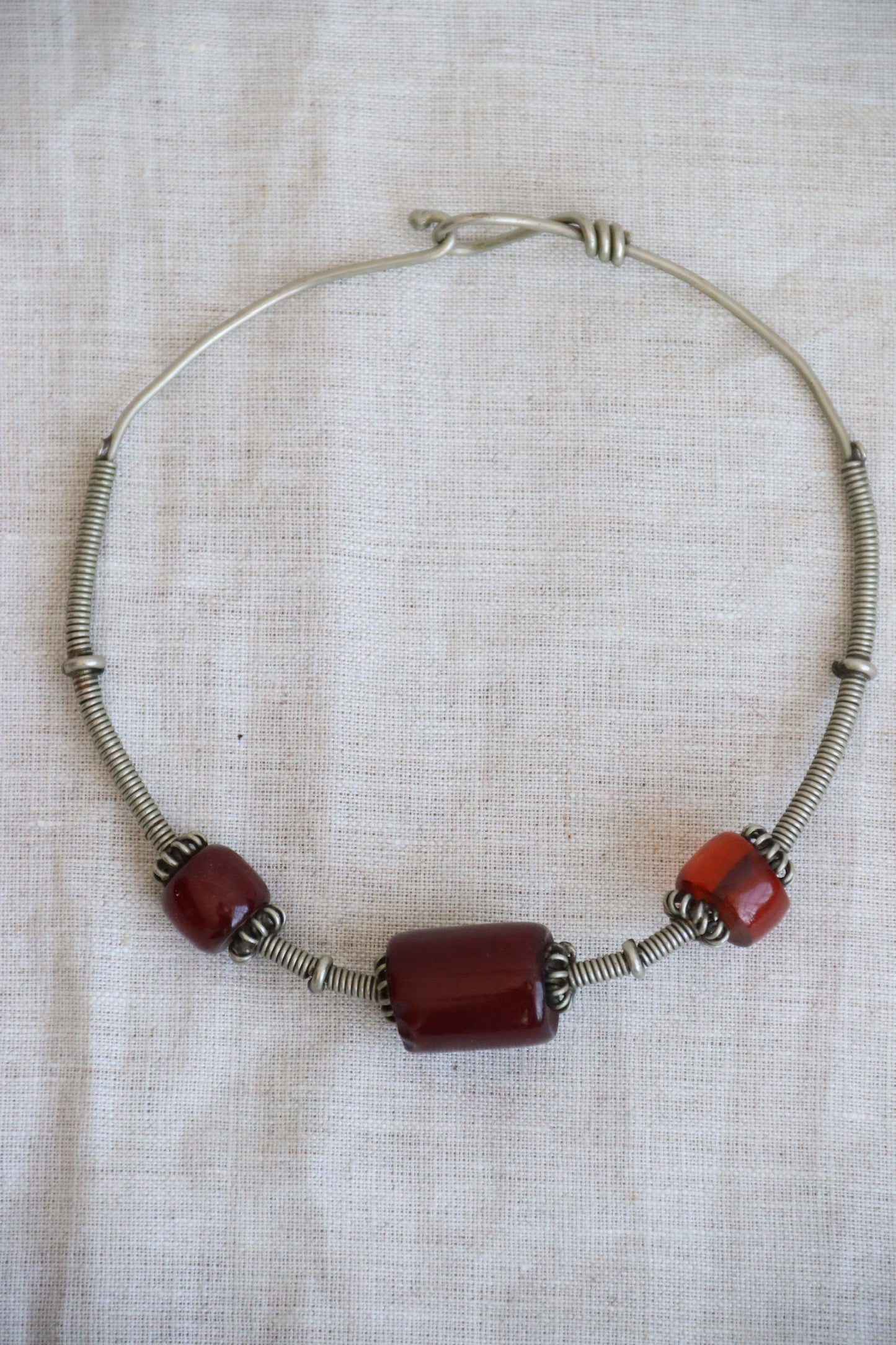 Silver Wire and Red Bead Necklace