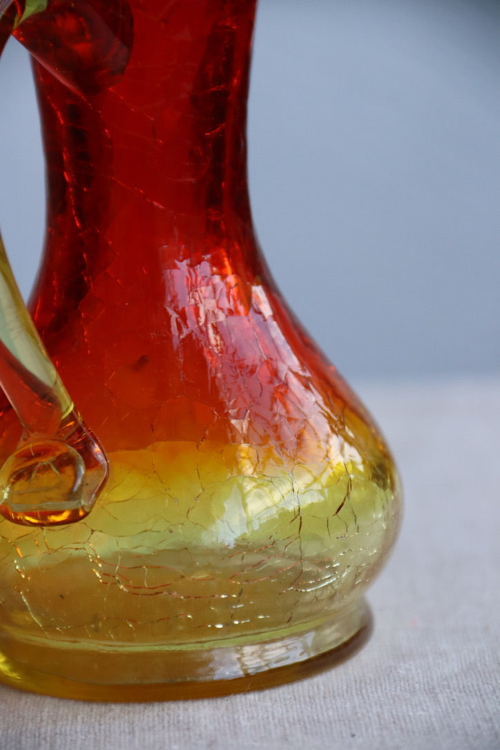 Crackle red and orange vase with handle