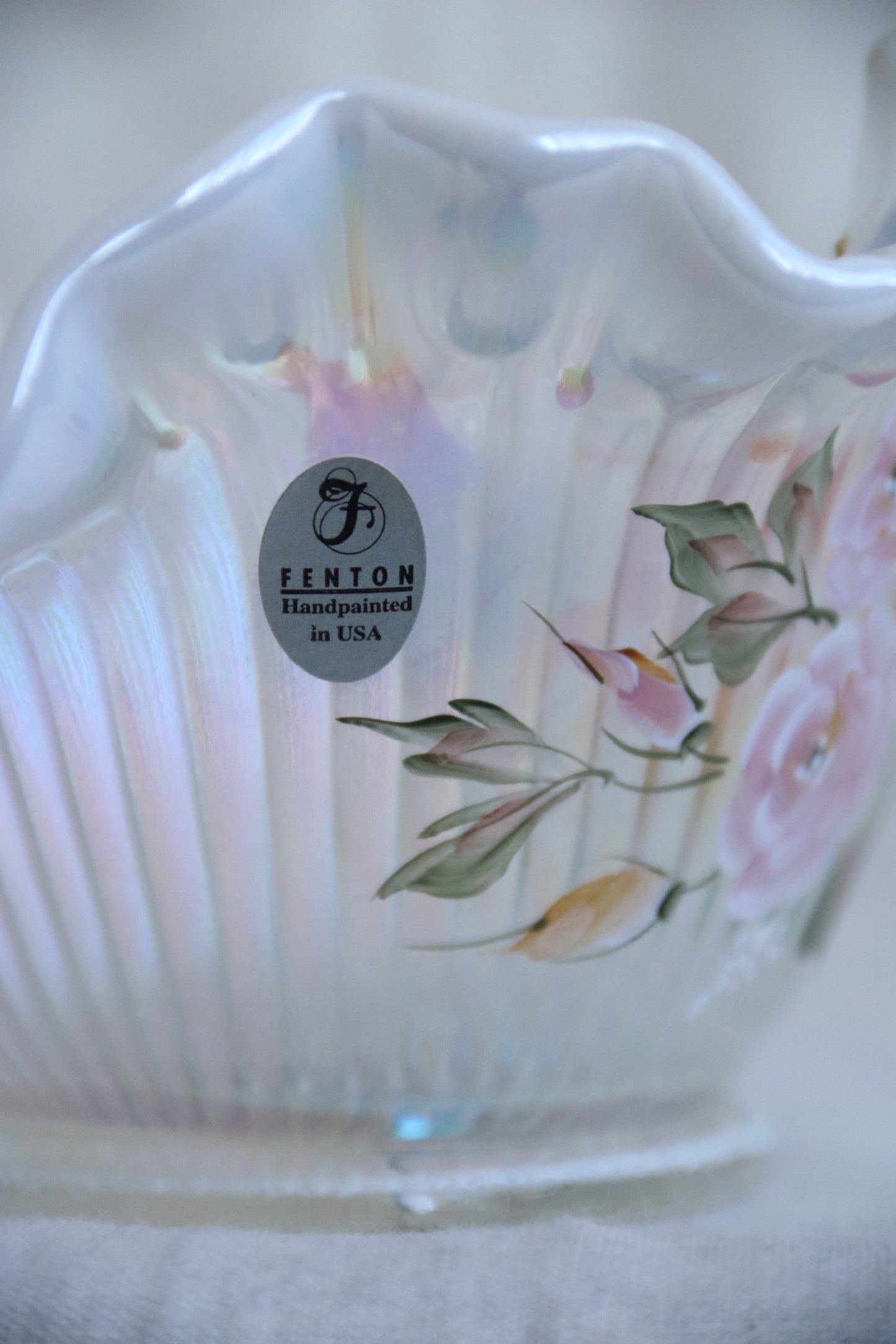 Fenton Signed Hand Painted Iridescent Glass Basket