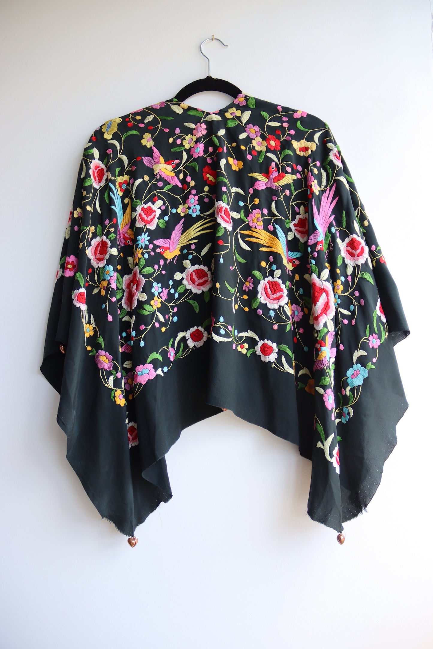 black embroidered bird silk shawl