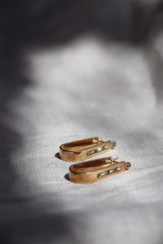 Vintage Emerald and Diamond Hoop Earrings - 14k