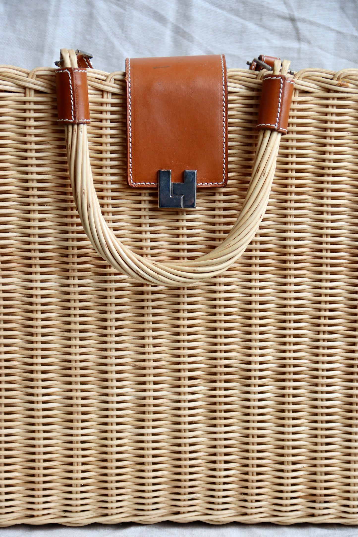 Lambertson Truex Leather Trimmed Woven Wicker Bag