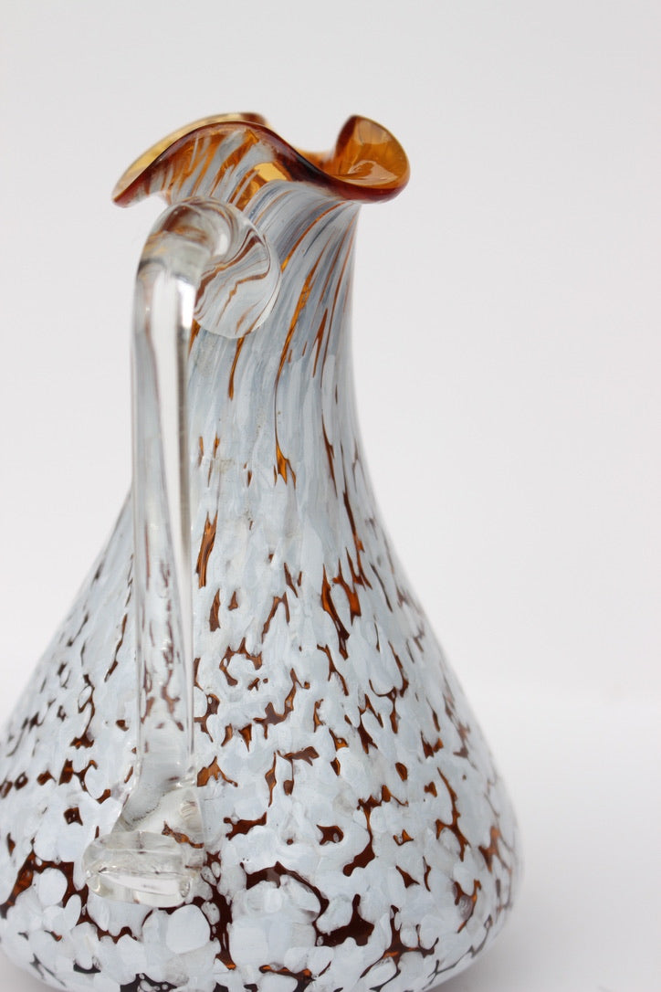 Hand Blown glass orange and white vase with handle