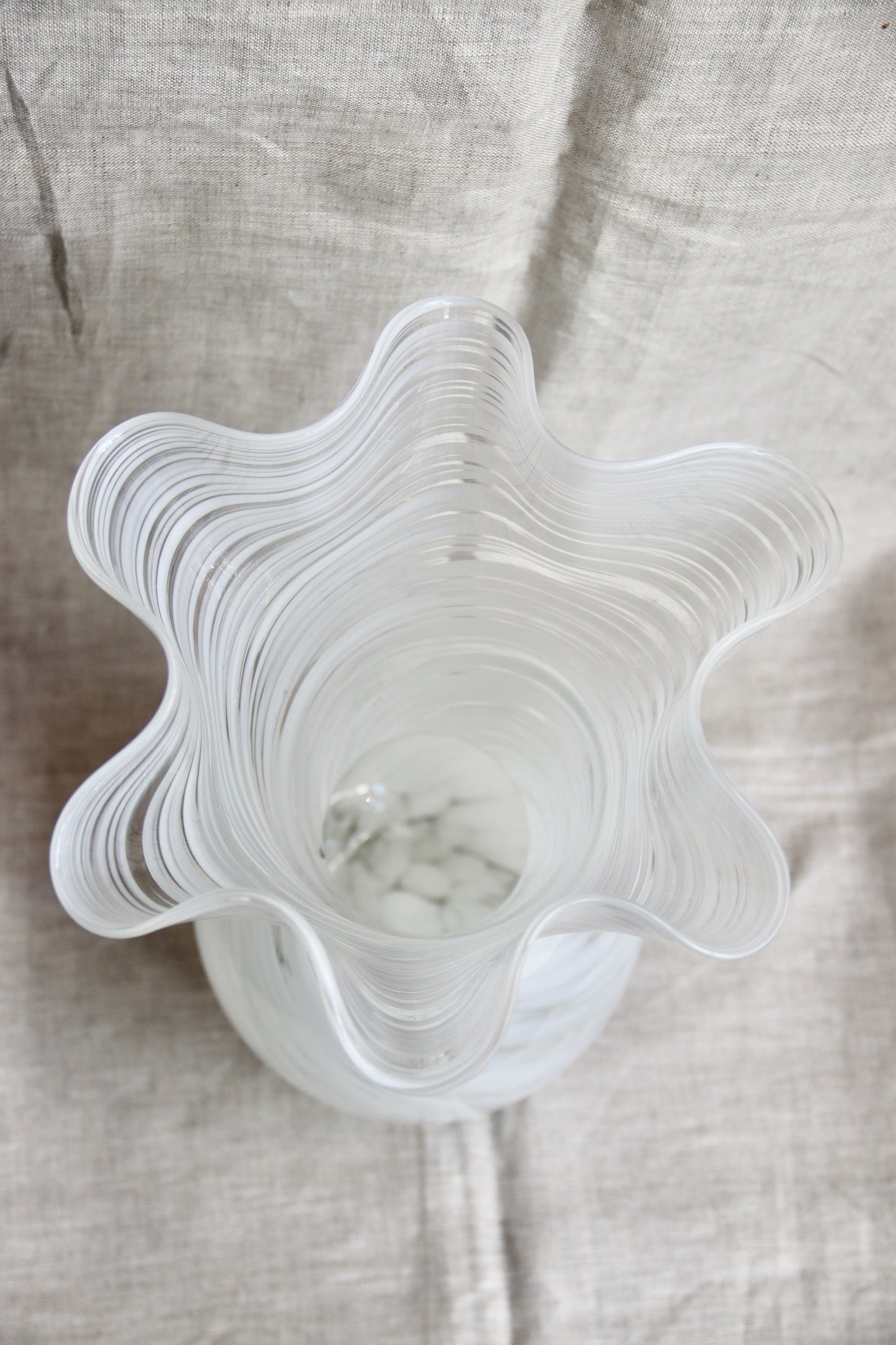 Large Hand Blown White Glass Ruffle Vase
