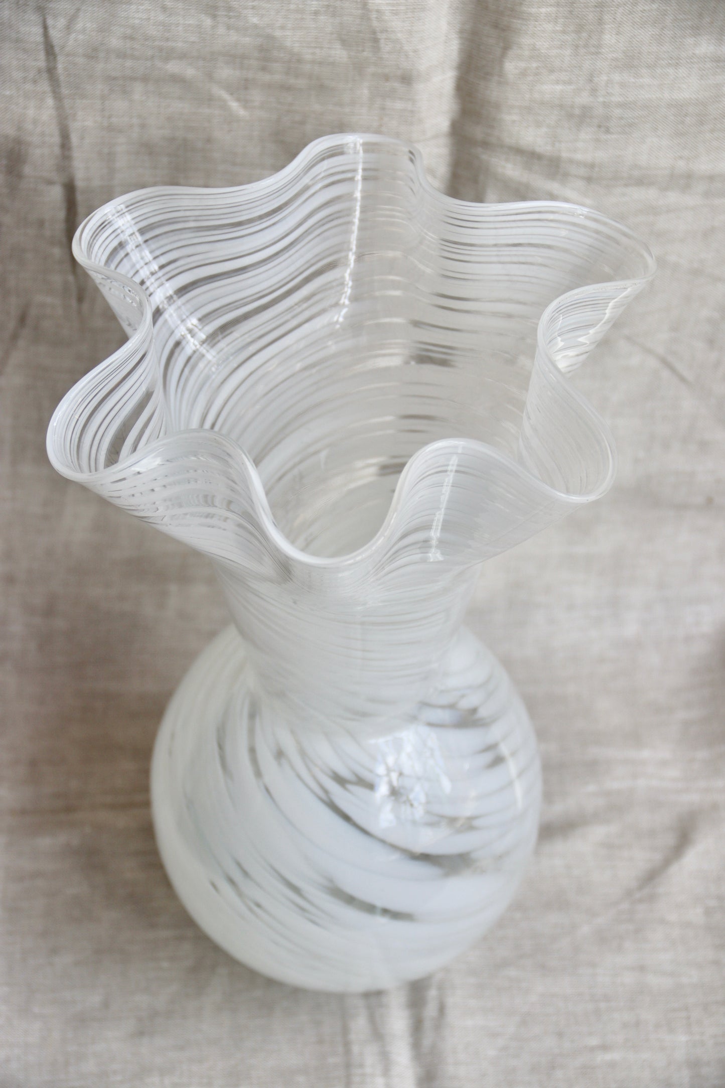 Large Hand Blown White Glass Ruffle Vase
