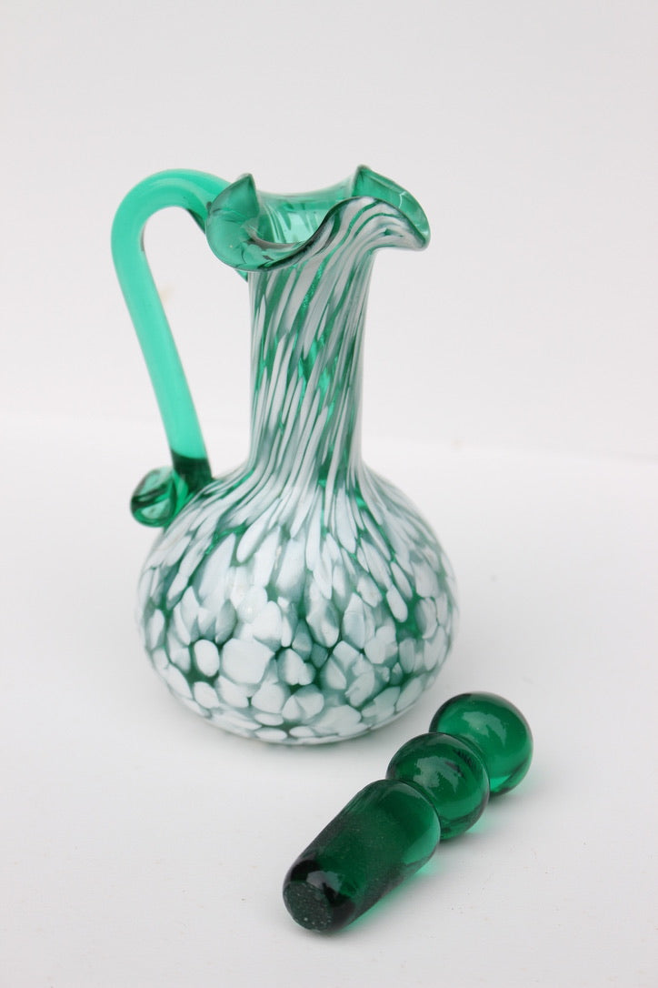 Dark green and white spatter glass cruet hand blown with glass stopper