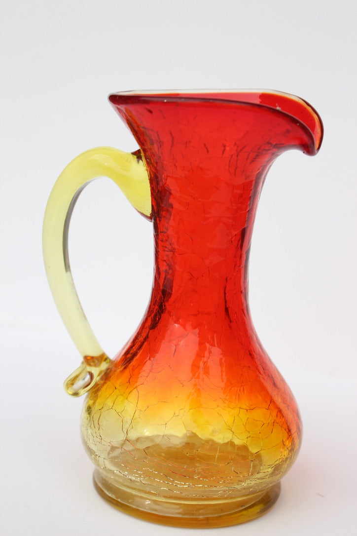 Crackle red and orange vase with handle