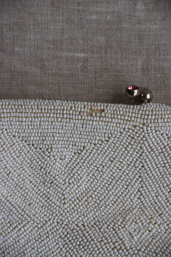 White Beaded Kisslock Clutch with Pink Rhinestones