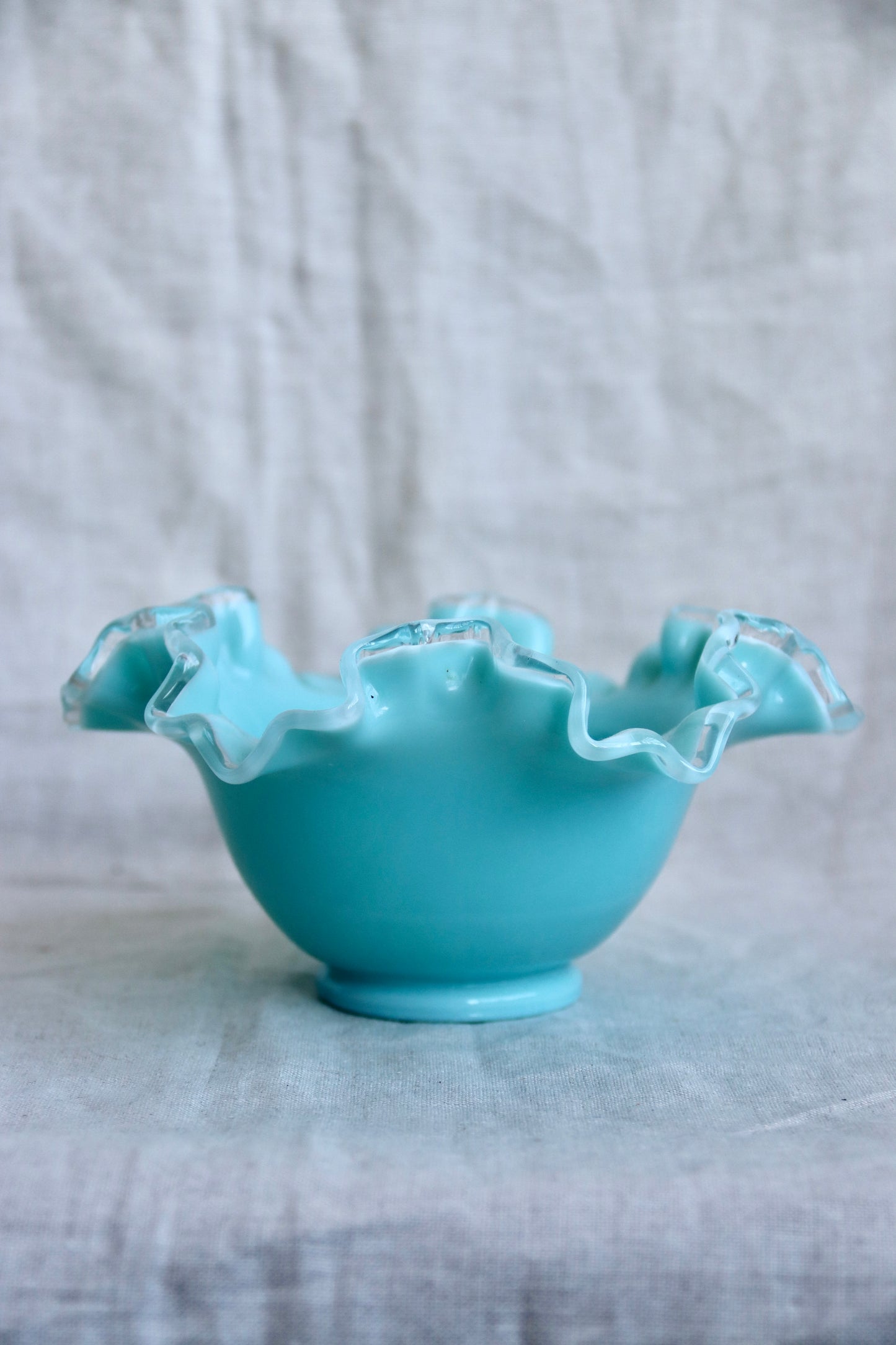 Fenton Turquoise Ruffled Blue Glass Bowl