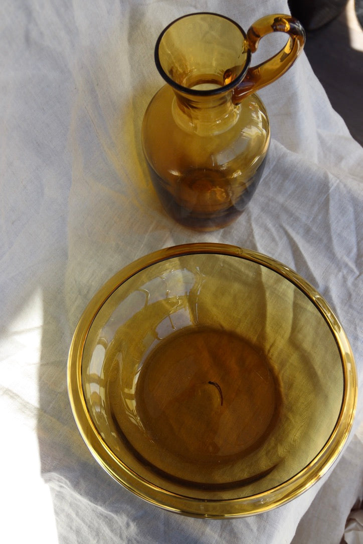 Amber Art Blown Glass Pitcher and Bowl