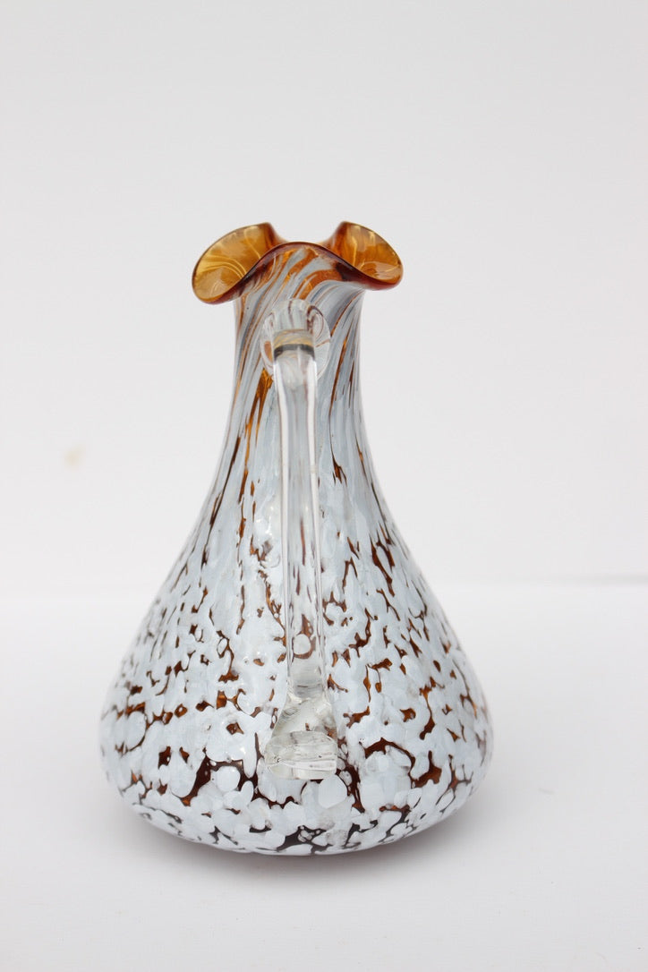 Hand Blown glass orange and white vase with handle