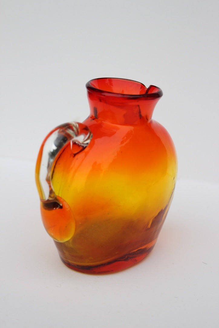 Hand Blown red and orange vase with handle