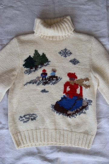 Vintage 60s White Turtleneck Sweater with Skiers