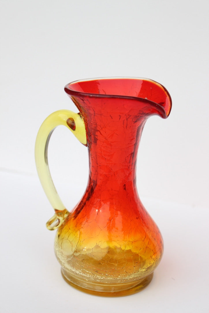 Crackle red and orange vase with handle