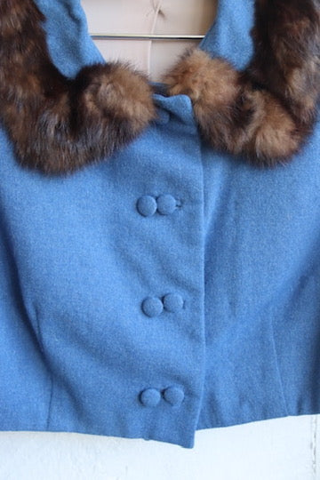 Vintage Cropped Blue Wool Jacket with Sable Fur Trim