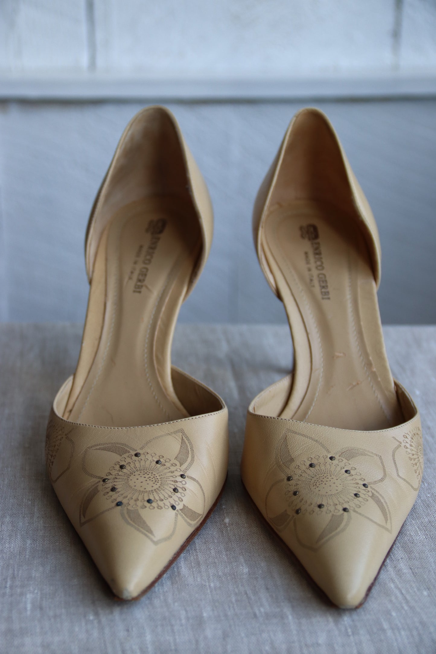 Enrico Cuini Leather Studded Beige Heels