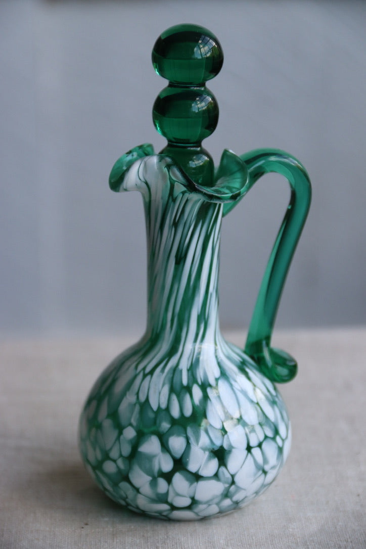 Dark green and white spatter glass cruet hand blown with glass stopper