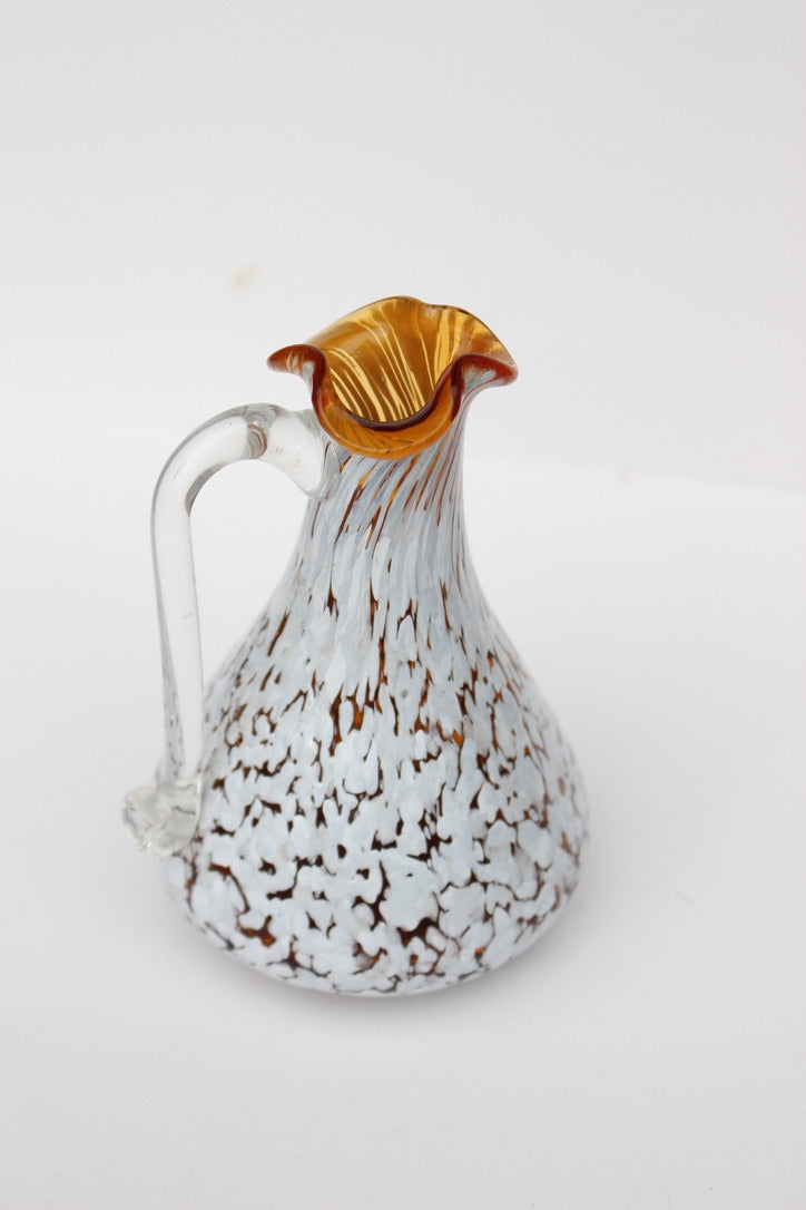 Hand Blown glass orange and white vase with handle