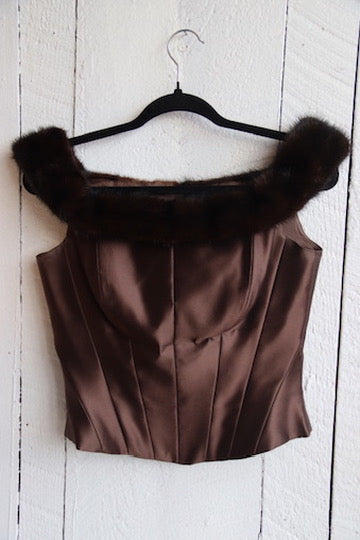 Vintage Chetta B 100% Silk Brown Corset with Mink Fur Trim