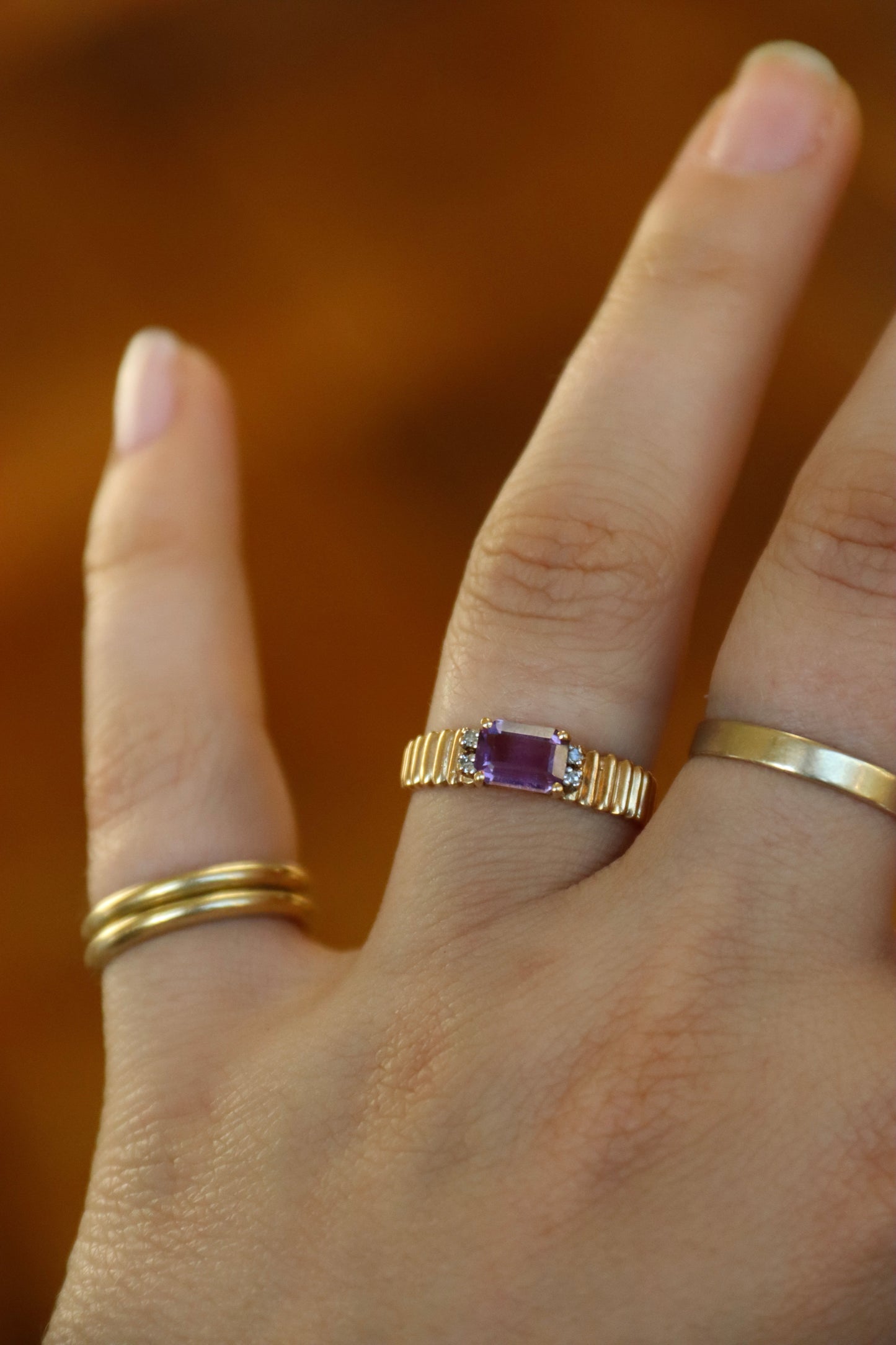 Amethyst and Diamond Ring with Fluted Shoulders -10K
