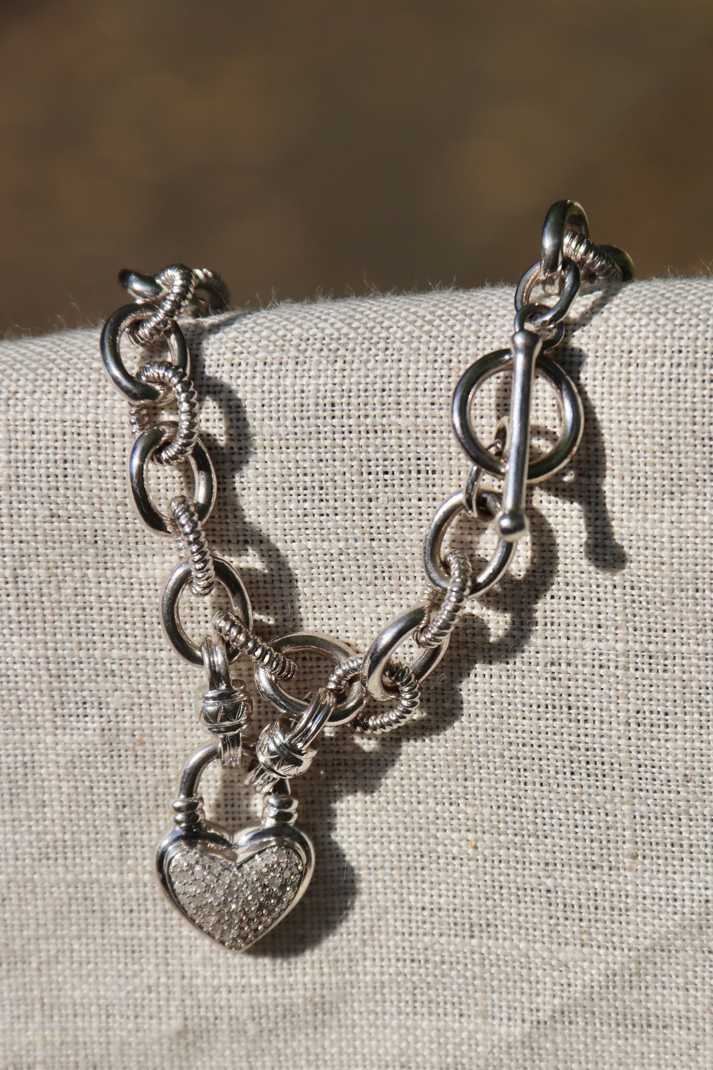 Sterling Silver Diamond Heart Charm Toggle Bracelet