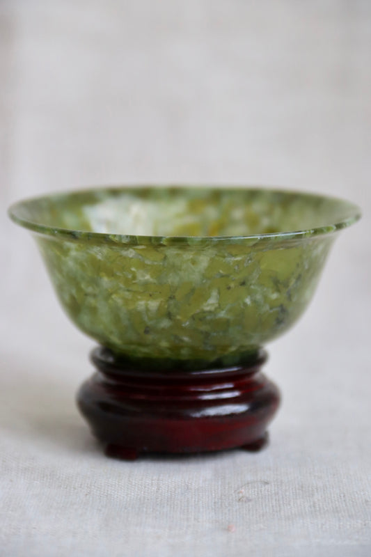 Antique Mini Spinach Jade Bowl with Stand