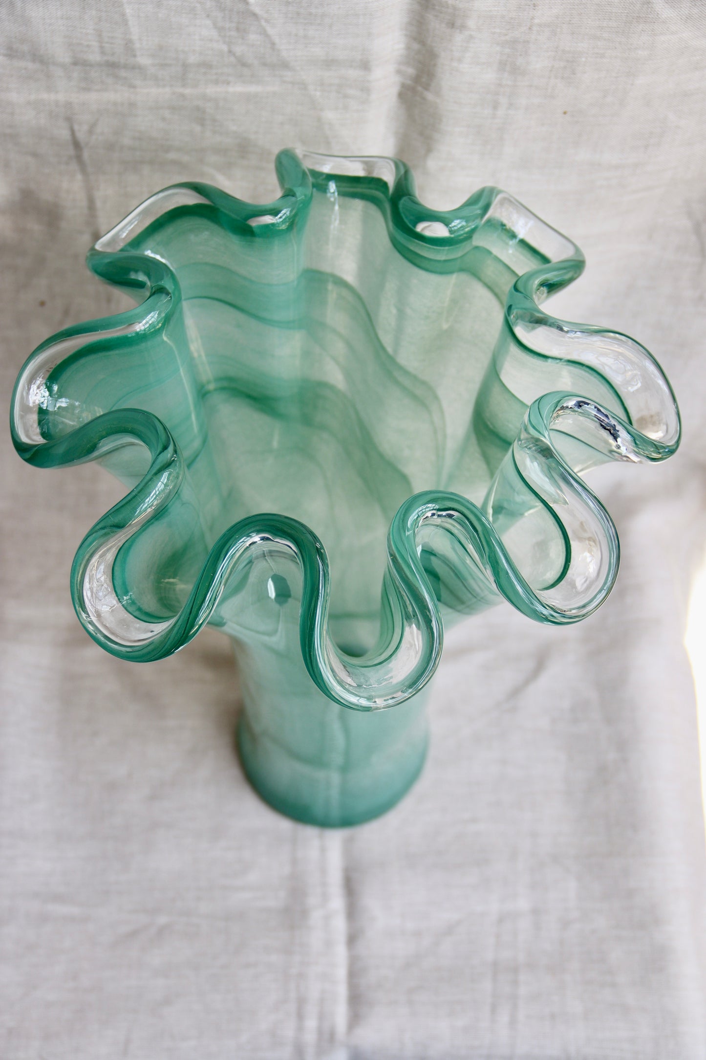 Large Hand Blown Blue Glass Ruffle Vase