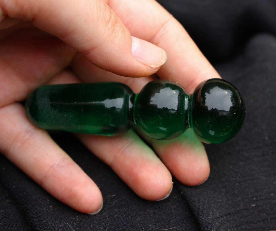 Dark green and white spatter glass cruet hand blown with glass stopper