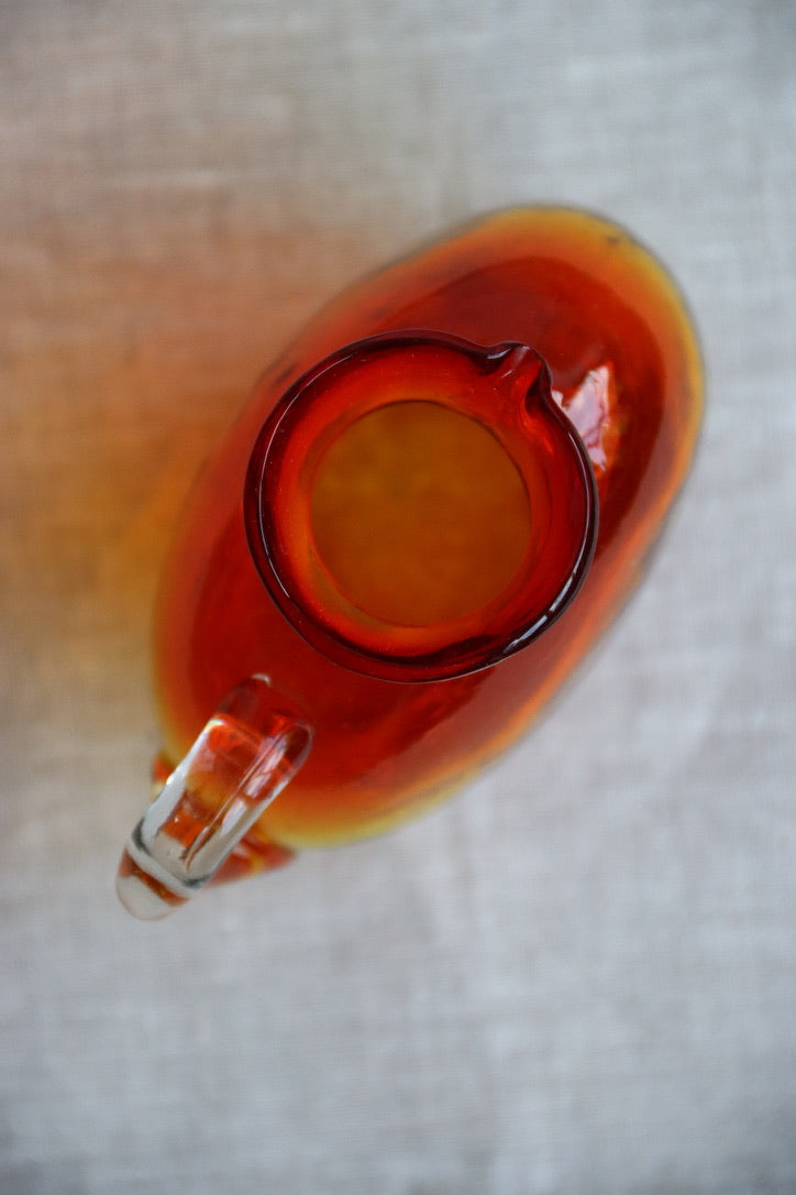 Hand Blown red and orange vase with handle