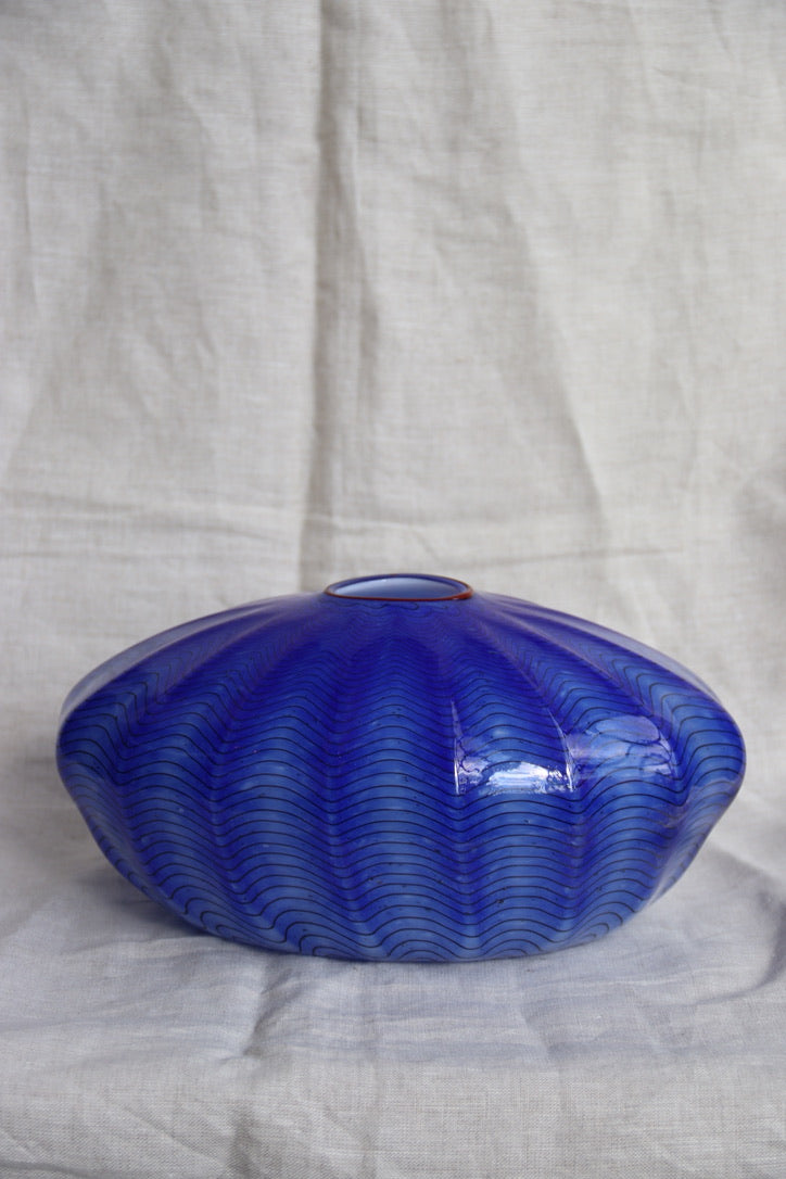 Blue Studio Art Glass Ruffled Oval Vase