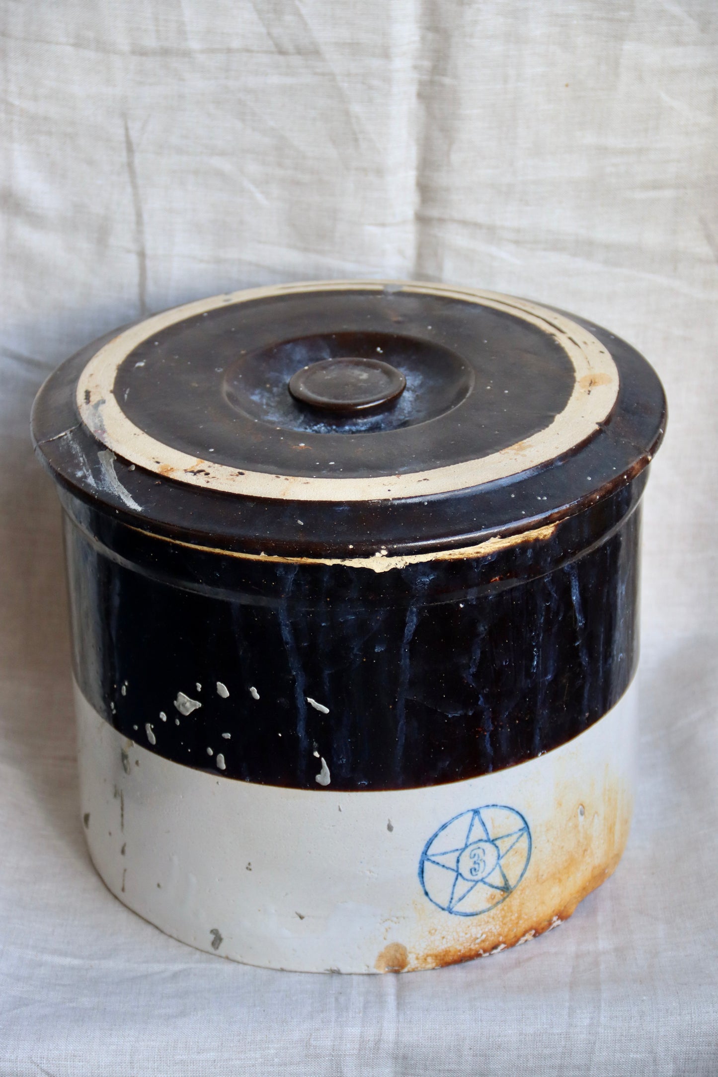 Vintage Large Robinson Crown Stoneware Container with Lid - Brown Stripe