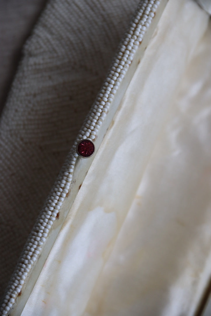 White Beaded Kisslock Clutch with Pink Rhinestones
