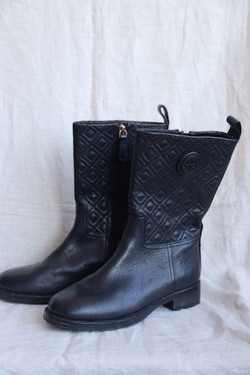 Tory Burch "Marion" Quilted Black Boots
