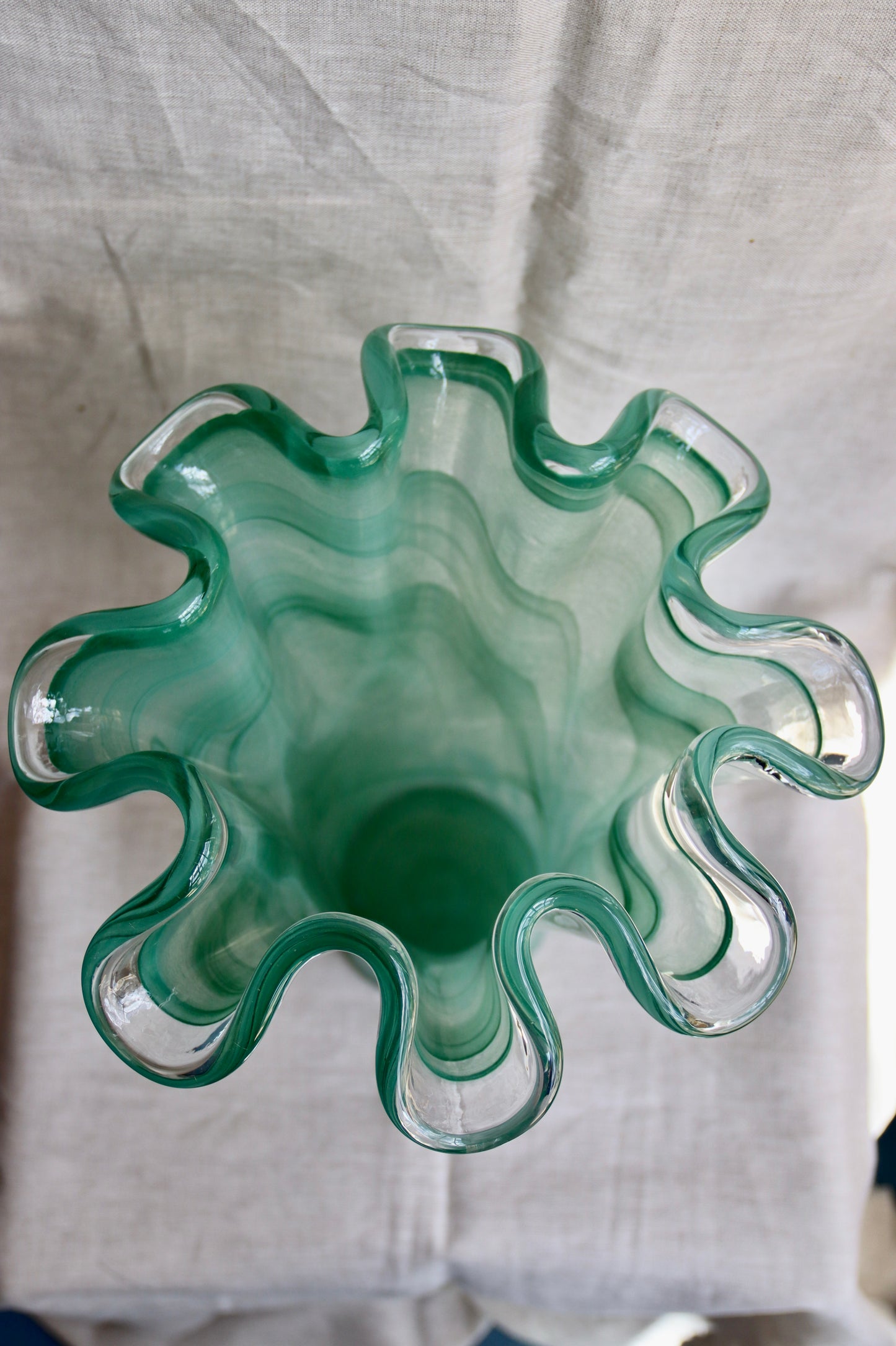 Large Hand Blown Blue Glass Ruffle Vase