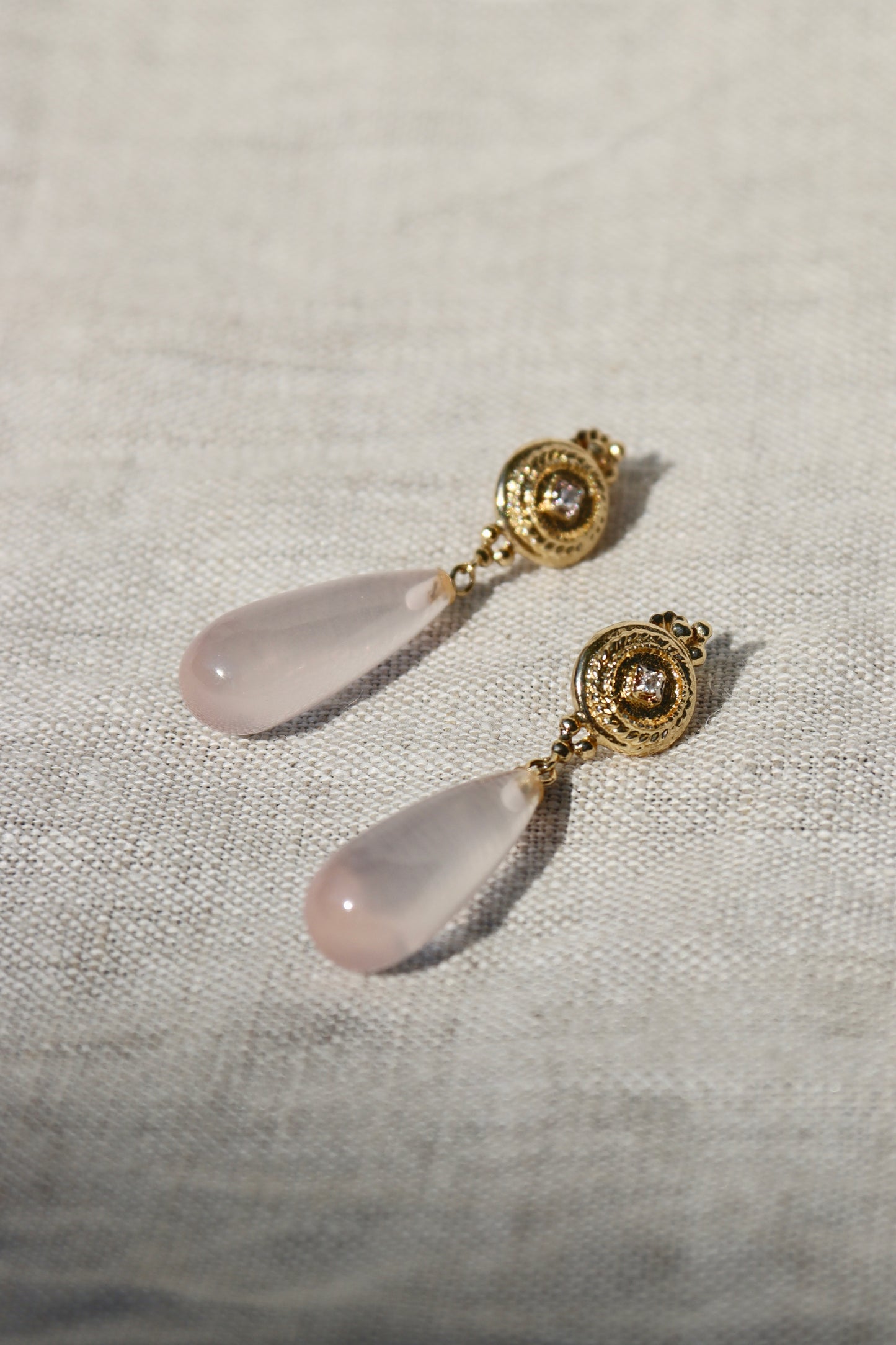 Rose Quartz and Diamond Earrings - 14K Yellow Gold