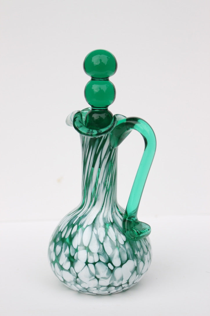 Dark green and white spatter glass cruet hand blown with glass stopper