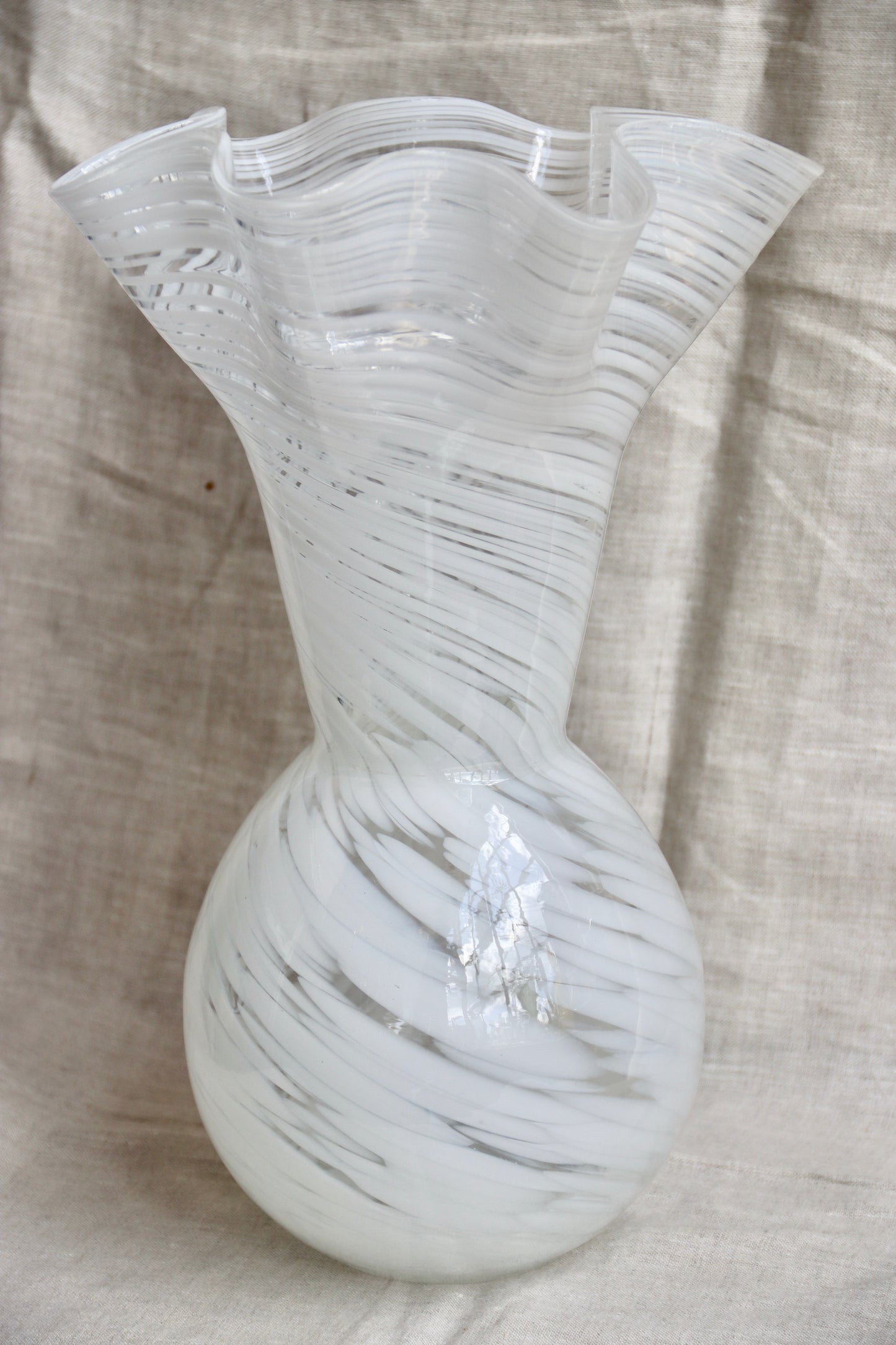 Large Hand Blown White Glass Ruffle Vase