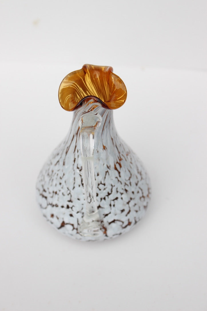 Hand Blown glass orange and white vase with handle