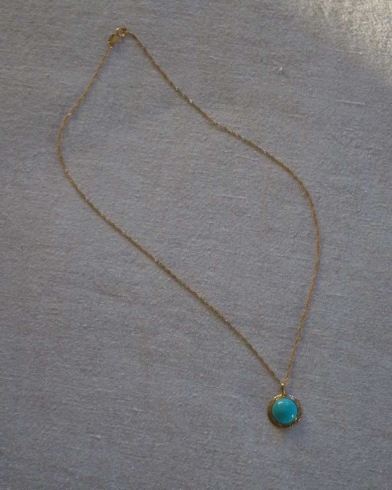 Turquoise Greek Key Pendant Necklace - 14K