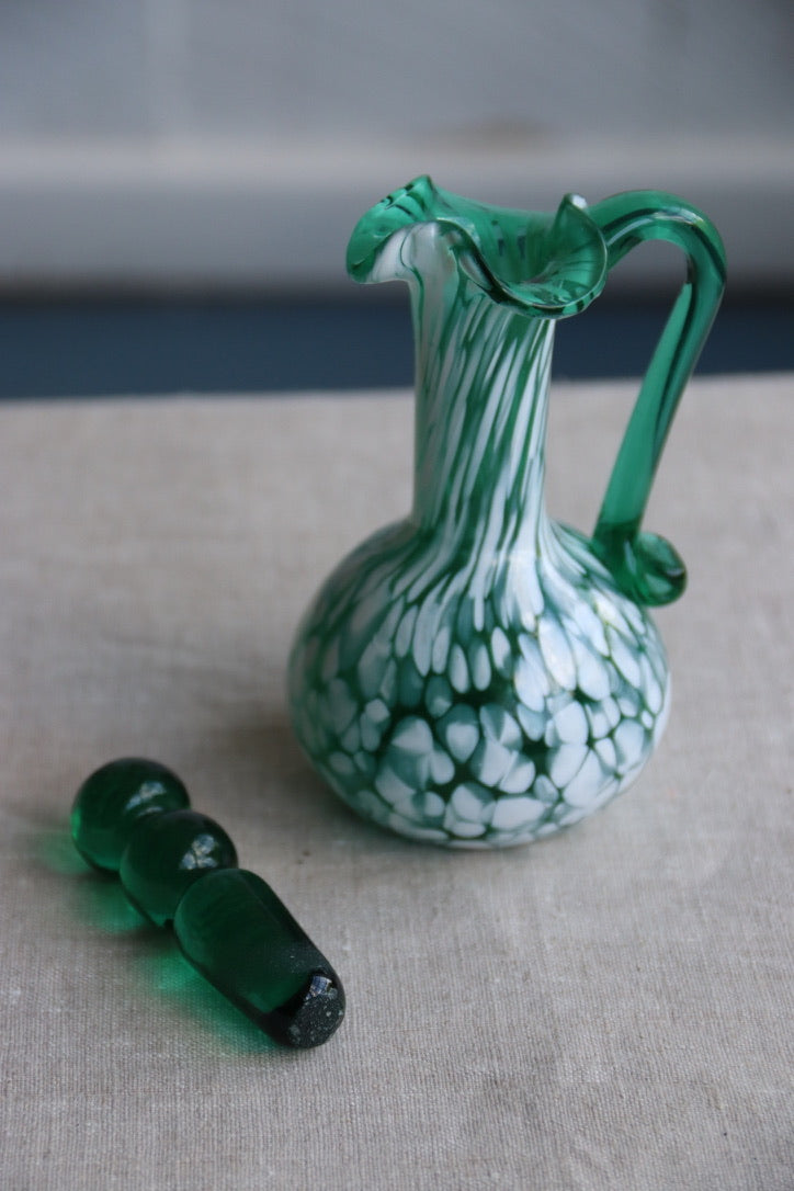 Dark green and white spatter glass cruet hand blown with glass stopper