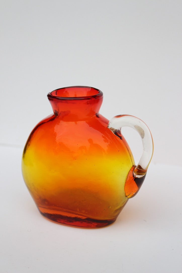 Hand Blown red and orange vase with handle