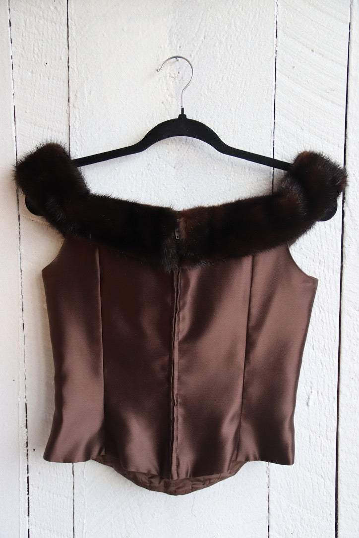 Vintage Chetta B 100% Silk Brown Corset with Mink Fur Trim
