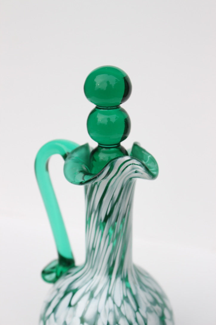 Dark green and white spatter glass cruet hand blown with glass stopper
