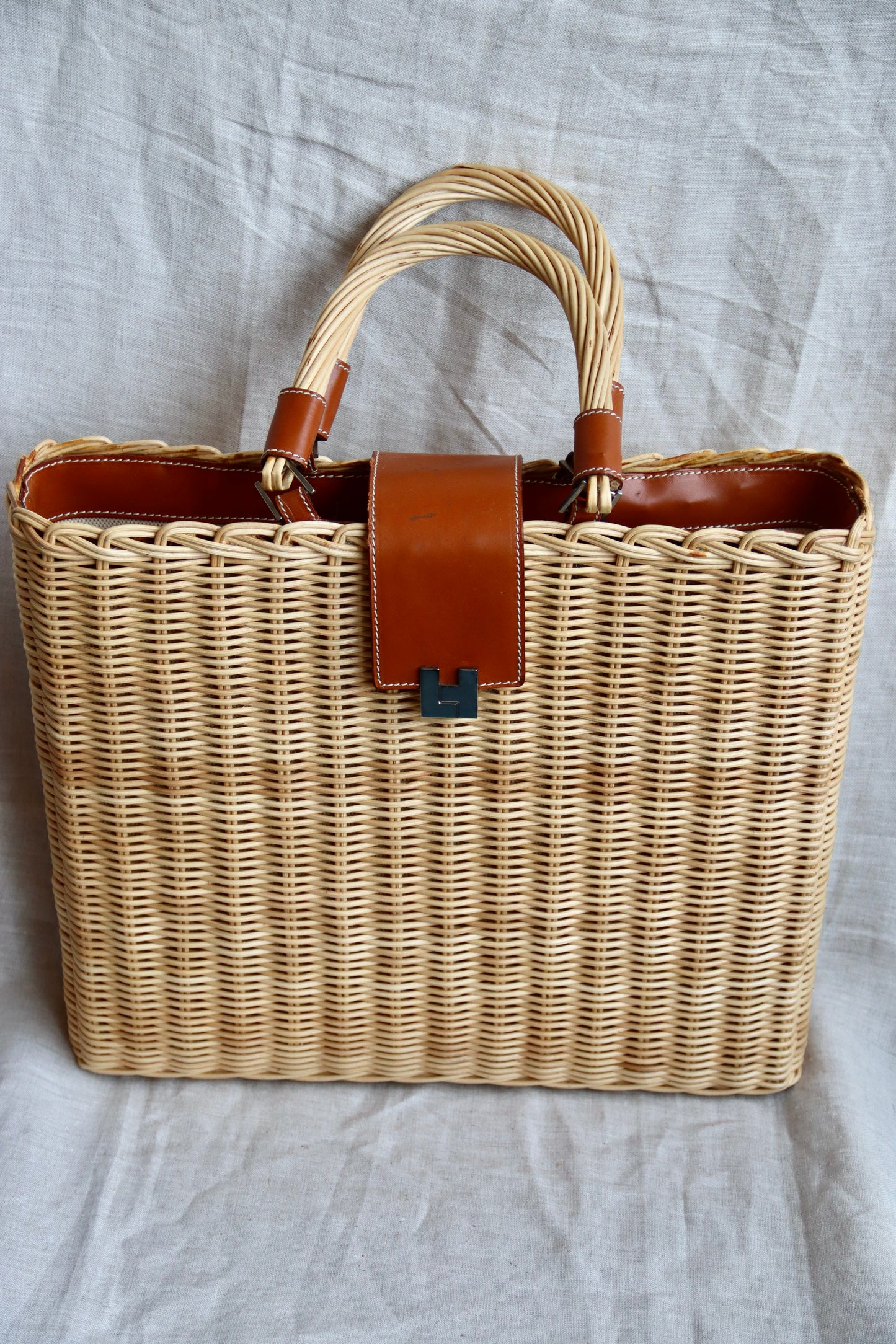 Lambertson Truex Leather Trimmed Woven Wicker Bag