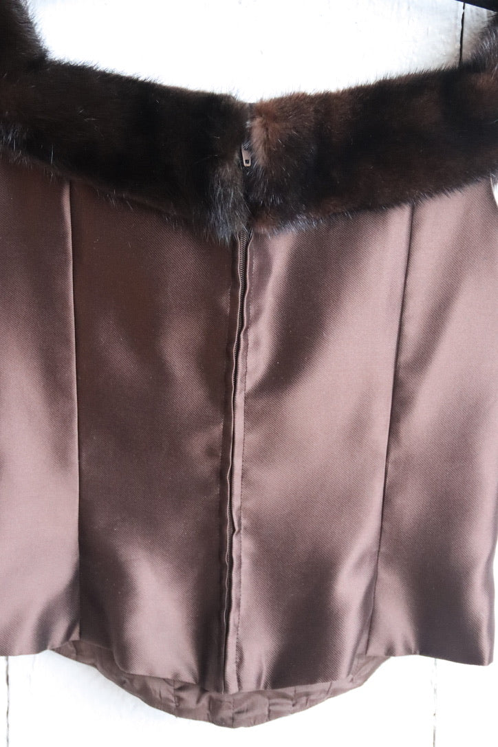 Vintage Chetta B 100% Silk Brown Corset with Mink Fur Trim