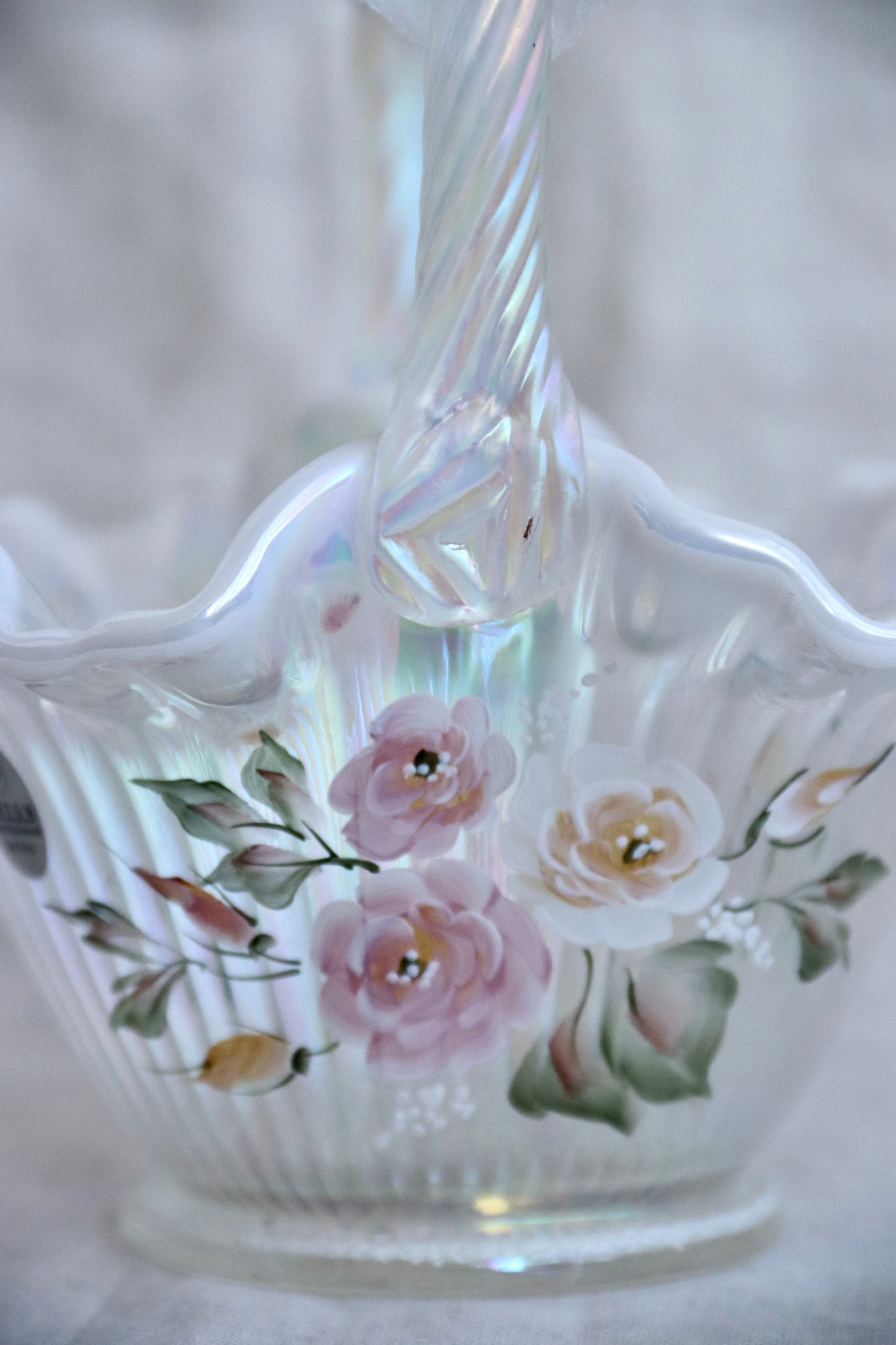 Fenton Signed Hand Painted Iridescent Glass Basket
