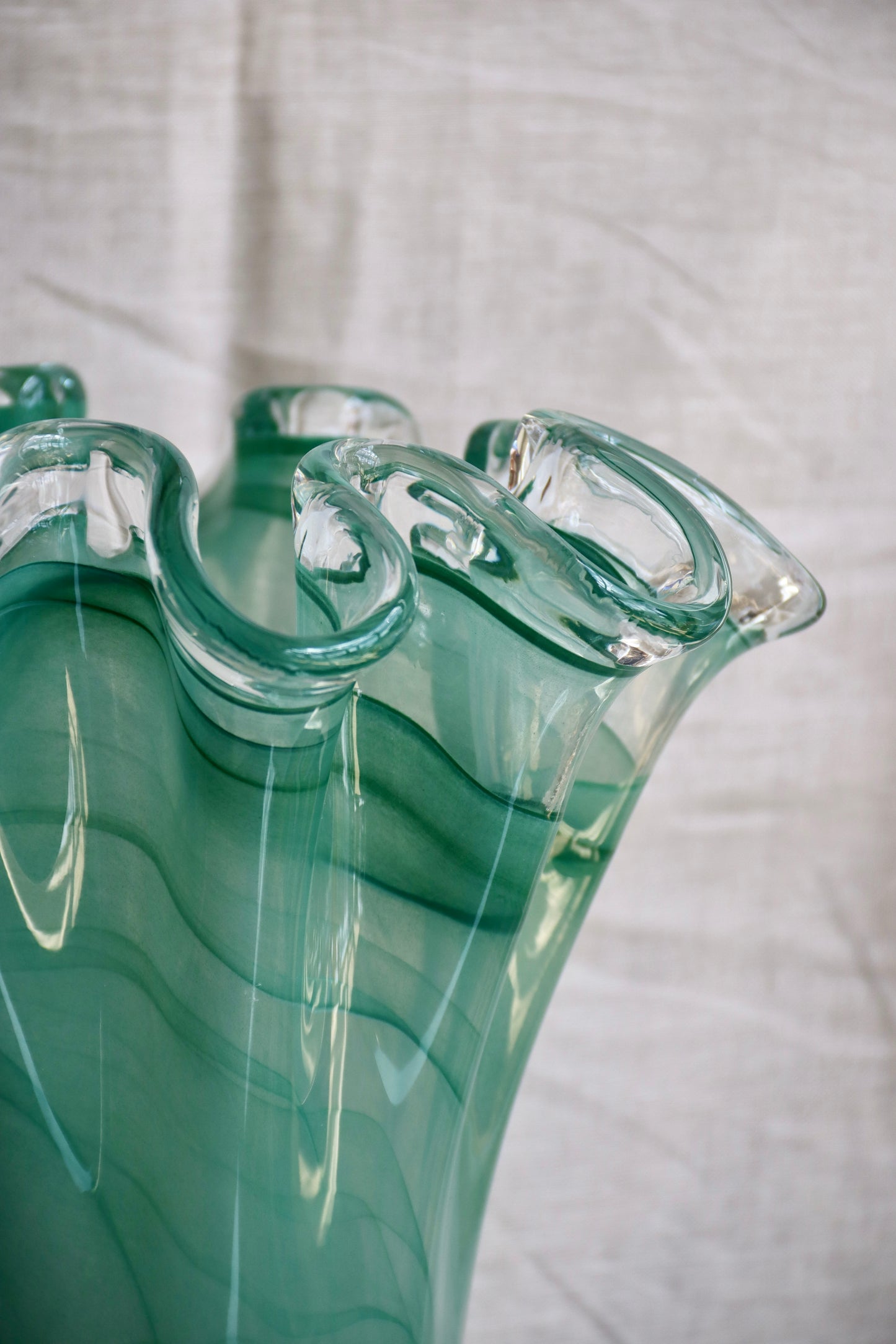 Large Hand Blown Blue Glass Ruffle Vase
