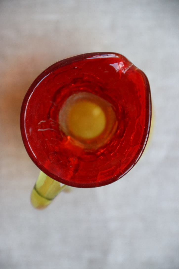 Crackle red and orange vase with handle