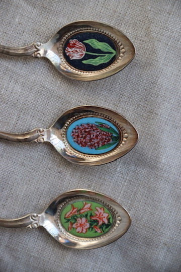 Set of Three Dutch Sterling Enamel Flower Spoons
